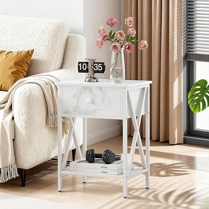 VECELO Nightstands, Modern Bedside End Tables Set of 2, Night Stand with Drawer and Storage Shelf for Living Room Bedroom, Industrial Metal Frame