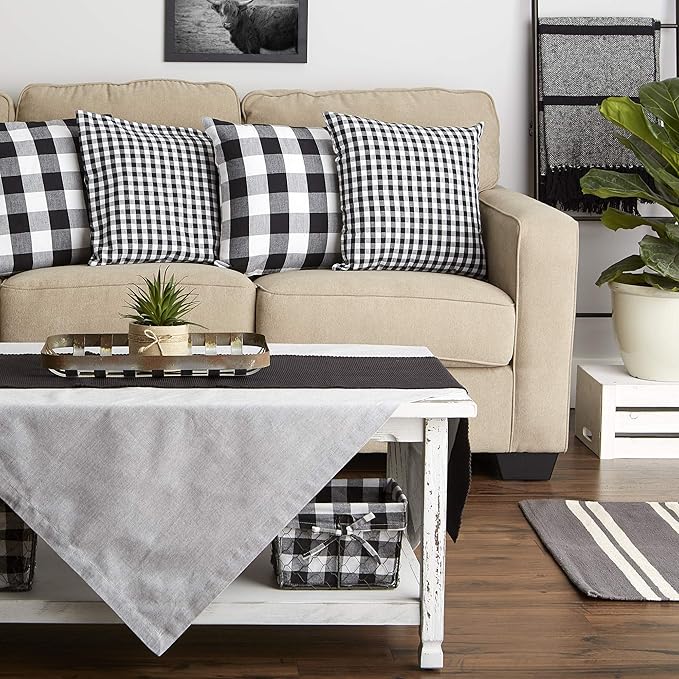 DII Throw Pillow Cover Collection Decorative Cotton Set, Machine Washable, 18x18, Black Gingham, 4 Piece