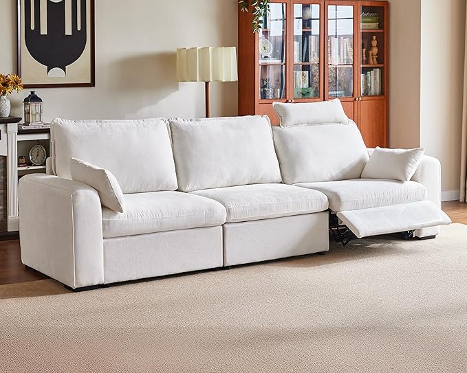 124.8'' Oversized Power Recliner Sofa with Headrest, Extra Wide Deep Modular Cloud Sectional Reclining Couch Wall Hugger, Convertible 3-Seater for RV Home Theater Living Room, Chenille, White