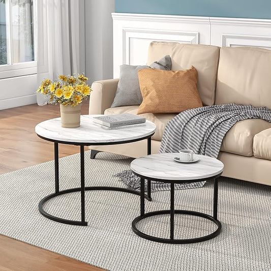 HOJINLINERO Round Coffee Table,Nesting Coffee Table Set of 2,Center Tables for Living Room,Office, Home Small Space,Stacking Side Tables,Sturdy and Easy Assembly,Wood Desktop,Black+White,Large