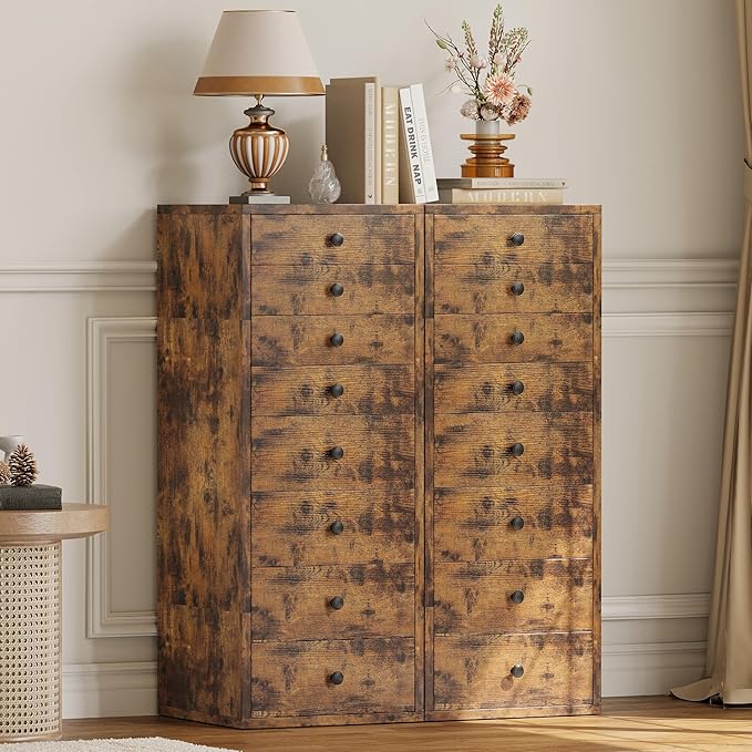LIKIMIO Tall Dresser, Small Dressers with 8 Storage Drawers, Chest of Drawers for Organizing, Tall Narrow Dresser for Bedroom, Industrial Brown