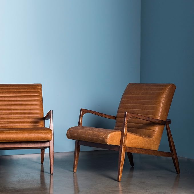 Poly & BARK Rowan Lounge Chair – Mid Century Modern Leather Armchair with Ribbed Seat and Solid Ash Wood Frame, Cognac Tan