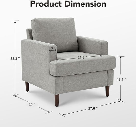 Mid-Century Accent Chair,Modern Linen Fabric Armchair for Living Room,Comfy Upholstered Reading Accent Chairs for Bedroom,Single Sofa Chair with Wood Legs (Light Grey, 1 Pack)