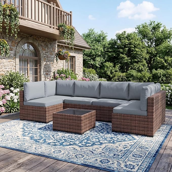 LHBcraft Patio Furniture Set,7 Pieces Outdoor Wicker Rattan Patio Furniture, Wicker Rattan Outdoor Sectional Sofa Set with Coffee Table for Garden, Taupe-Blue