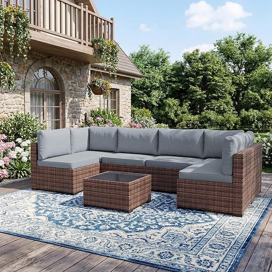 LHBcraft Patio Furniture Set,7 Pieces Outdoor Wicker Rattan Patio Furniture, Wicker Rattan Outdoor Sectional Sofa Set with Coffee Table for Garden, Taupe-Blue