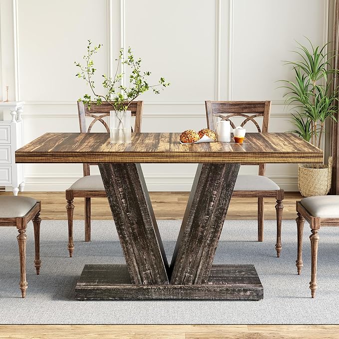 LITTLE TREE 47 Inches Dining Table for 4, Modern Dining Room Tables, Rectangle Kitchen Table with V-Shaped Pedestal, Wooden Dinner Table for Dining Room, Living Room (Rustic Brown & Carbon Black)