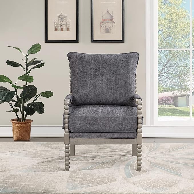 OSP Home Furnishings Abbott Spindle Accent Chair with Padded Spring Seat and Brushed Grey Base, Charcoal Fabric