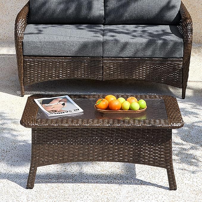 Tribesigns Outdoor Wicker Coffee Table with Hammered Glass Top, Hand PE Rattan Wicker Patio Furniture Set, All-Weather Rectangular Patio Table for Deck, Backyard, Porch, Poolside