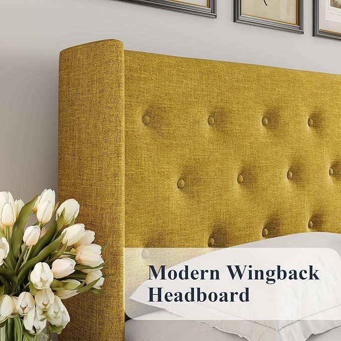 Allewie Queen Size Lift Up Storage Bed, Button Tufted Headboard with Wingback, Hydraulic Support, No Box Spring Needed, Olive Yellow