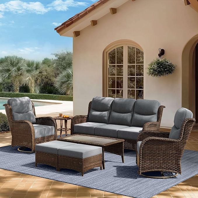 High Back Outdoor Furniture with Extra Thick Cushion Patio Swivel Rocking Chairs, Comfort 3-Seat Sofa, 7PCS Oversized Wicker Conversation Set for Porch, Deck, Yard in Dark Gray