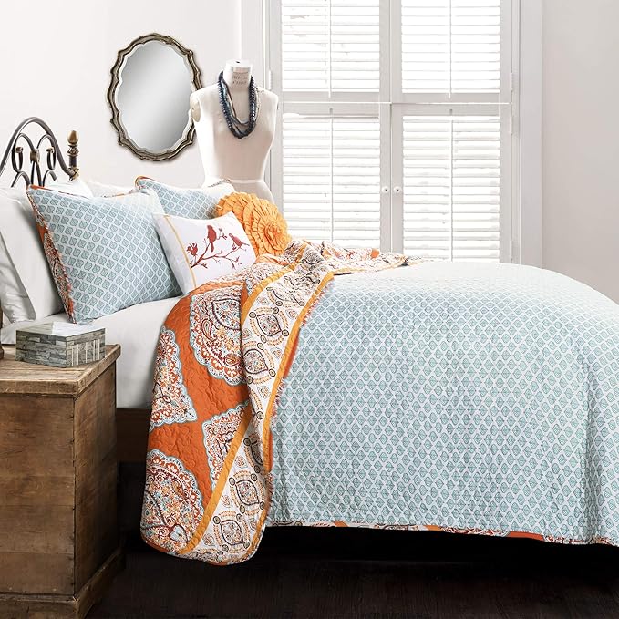 Lush Decor Harley Reversible Quilt Set, 5 Piece Set, King, Tangerine - Boho Bedding Set - Orange Quilt - Bold & Colorful Paisley Quilt - Maximalist & Boho Bedroom Decor