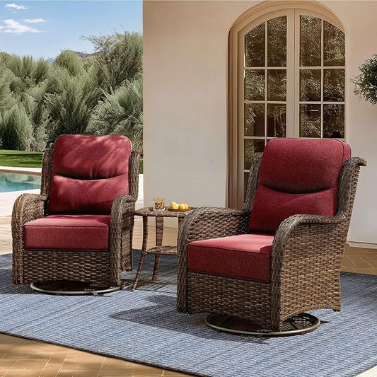 High Back Outdoor Furniture with Extra Thick Cushion Patio Swivel Rocking Chairs, 3PCS Oversized Comfort Wicker Conversation Set for Porch, Deck, Yard in Burgundy