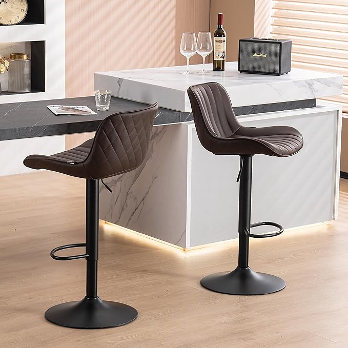 YOUNUOKE Bar Stools Set of 2 Adjustable Counter Height Barstools PU Leather Upholstered Stool with Back Mid Century Modern Chairs for Home Kitchen Island, Brown