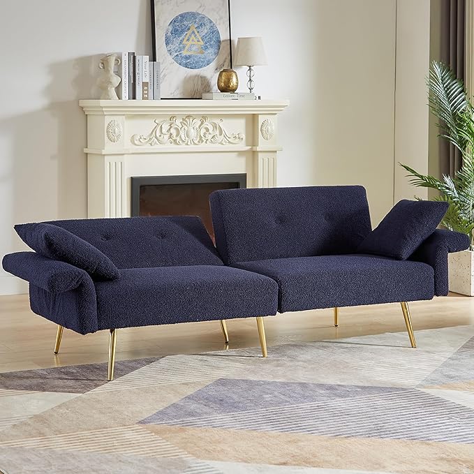 Eafurn Teddy Futon Sofa Bed Modern Folding Futon Set Convertible Recliner Lounge Sleeper Couch with Adjustable Armrest and Backrest for Living Room Apartment | Golden Legs, Wood Frame, Side Pockets