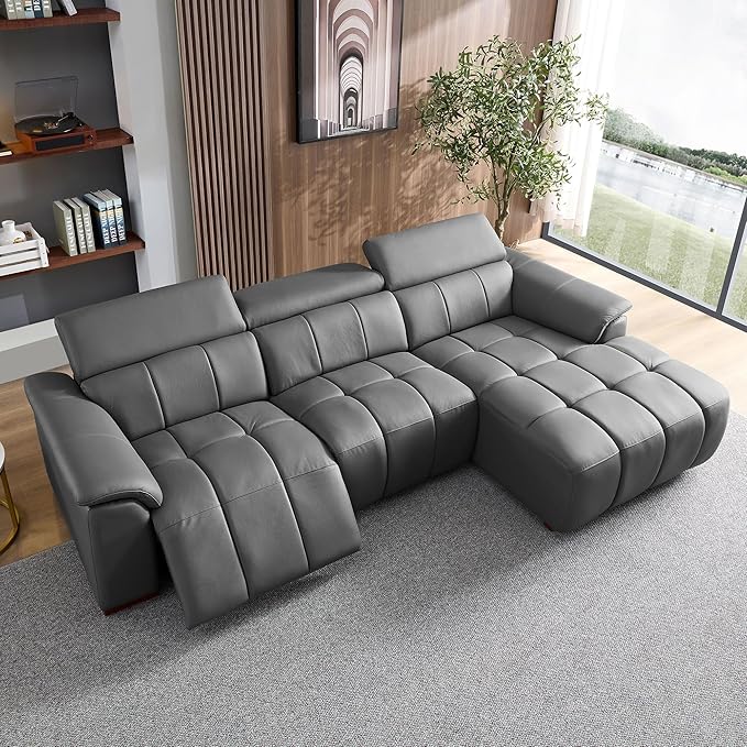 KEIKI 113" L-Shaped Genuine Leather Wall-Hugger Reclining Sofa with Right Chaise, Adjustable Backrest & Footrest, Modern Electric Control 3-Seater Couch with USB, for Living Room, Dark Grey