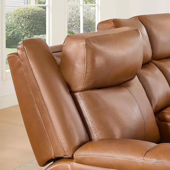 Watson & Whitely Genuine Leather Power Loveseat Recliner Sofa, 2 Seat Wall Hugger Reclining Sofa with Power Headrest & Charging Ports, Dual Recliner Sofas for Living Room, RV, Saddle Brown