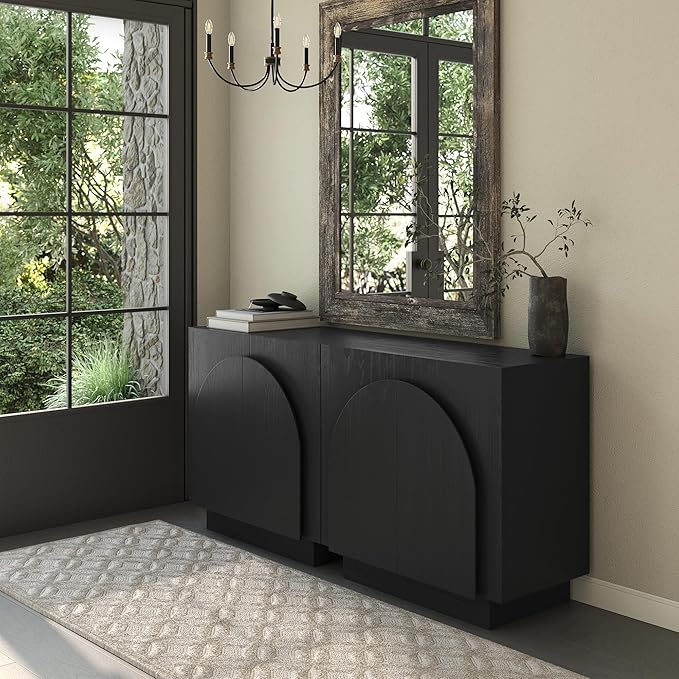 Nathan James Iris Mid-Century Modern Credenza, Black TV Stand, Living Room Wood Storage Cabinet with Arched Cabinet Doors, Black Credenza Cabinet for Kitchen or Living Room, Black Oak, Set of 2