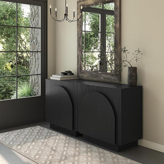 Nathan James Iris Mid-Century Modern Credenza, Black TV Stand, Living Room Wood Storage Cabinet with Arched Cabinet Doors, Black Credenza Cabinet for Kitchen or Living Room, Black Oak, Set of 2