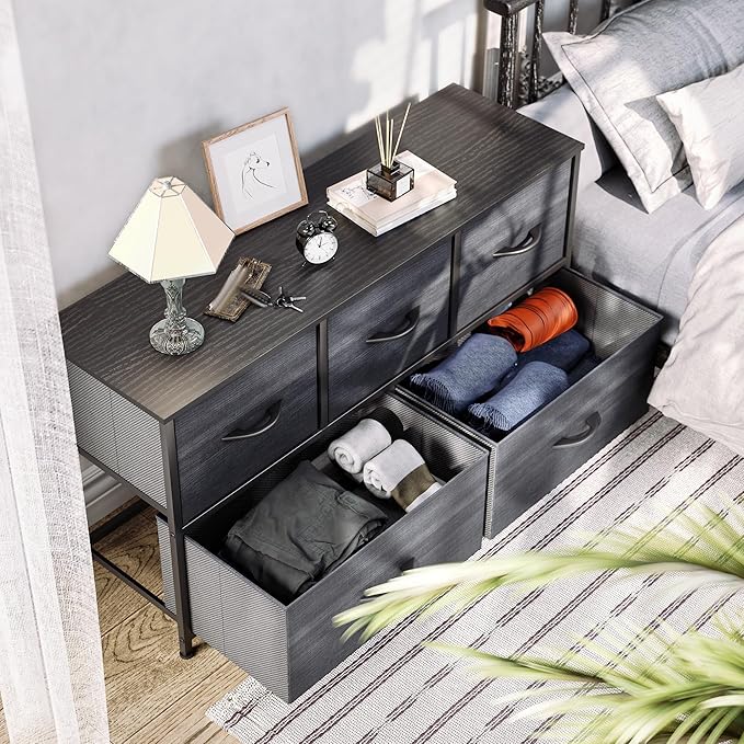 YITAHOME Dresser with 5 Drawers - Fabric Storage Tower, Organizer Unit for Bedroom, Living Room, Closets - Sturdy Steel Frame, Wooden Top (Black Wood Grain)