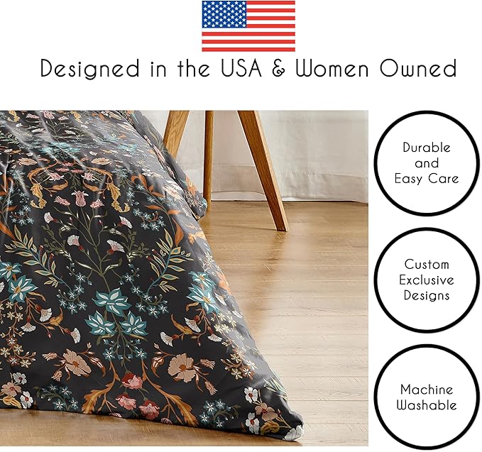 Sweet Jojo Designs 2-Piece Twin Comforter Set (Black Boho Wildflower Floral) for Girls, Teen Kids Bedding, Bed in a Bag incl. Blanket & Pillow Sham (Vintage, Bohemian Farmhouse, Botanical Cottagecore)