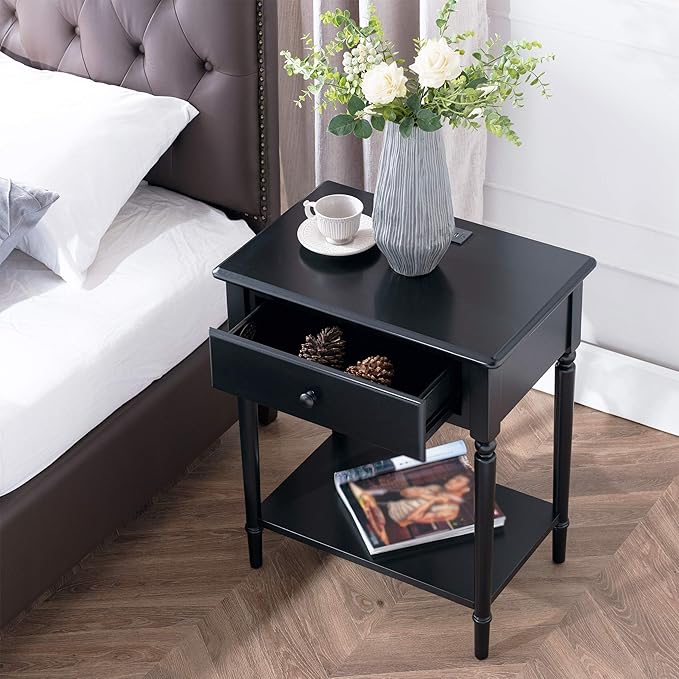 Leick Home Coastal End Table, Solid Wood, USB-C Charging Station, 1 Storage Drawer, Bottom Shelf, Easy-Assembly, For Bedroom/Living Room, Black Swan, 15.8 in. L x 24.0 in. W x 28.1 in. H, 20022-BK