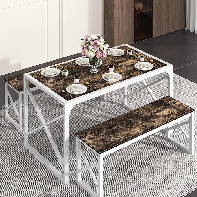 VECELO 55" Kitchen Dining Table Set for 4-6, Wood Dinette 2 Benches with Metal Frame for Dinner Breakfast Nook and Small Space, Dark Brown