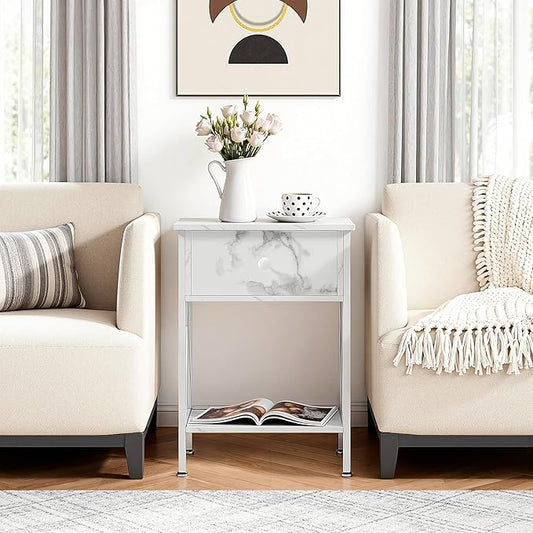VECELO Night Stand Set of 2, End Tables with Drawer, 2-Tier Bedside Tables with X Shaped, Side Table Stand with Storage Shelf for Living Room/Bedroom,White