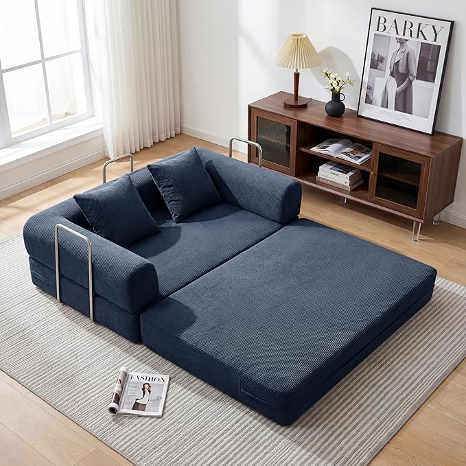 53.15'' Convertible Compressed Corduroy Folding Sofa Bed, Modern Boneless Pull Out Loveseat Sleeper in a Box, 4 in 1 Floor Mattress Futon Cloud Couch, No Assembly Needed, Navy Blue, 2 Pillows, Full