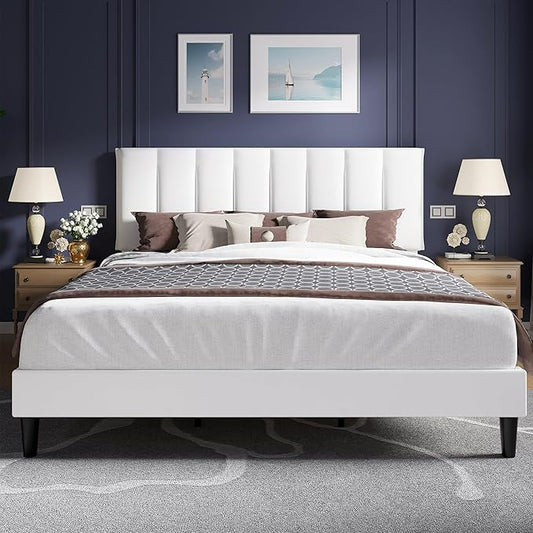 VECELO King Size Bed Frame with Upholstered Headboard, Heavy-Duty Bedframe with Strong Wooden Slats Support, No Boxing Spring Needed, Pure White
