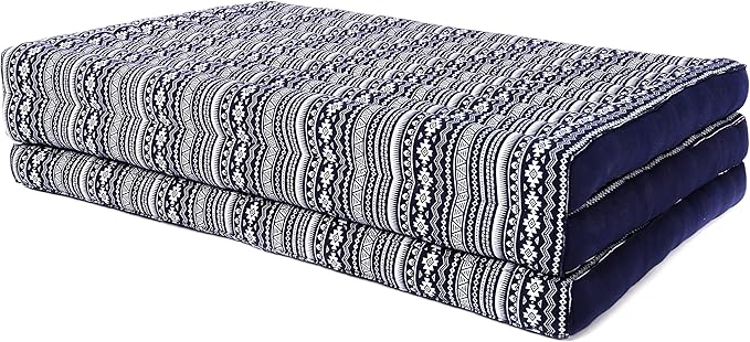 Leewadee Trifold Mattress XL – Comfortable Thai Massage Pad, Foldable Relaxation Floor Mattress Filled with Kapok, Perfect to Use as a Sleeping Mat 79 x 39 inches, Blue White