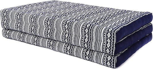 Leewadee Trifold Mattress XL – Comfortable Thai Massage Pad, Foldable Relaxation Floor Mattress Filled with Kapok, Perfect to Use as a Sleeping Mat 79 x 39 inches, Blue White