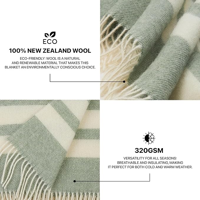| Wool Blanket/Throw | 100% New Zealand Wool | Perfect for Home and Outdoors | Virgin Wool Blanket with Fringes 55"x79" (140 x 200 cm)