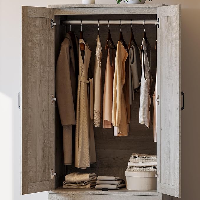 LIKIMIO Armoire Wardrobe Closet with 2 Doors and 2 Drawers 70" H x 28" W Wooden Bedroom Freestanding Wardrobe Combination for Hanging Clothes, Rustic Maple