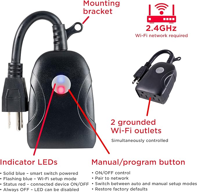 UltraPro Outdoor Smart Plug Wi-Fi Outlet, Smart Home, Smart Switch, Dual Smart Outlet, Works with Alexa, Echo & Google Home, No Hub Required, App Controlled, ETL Certified, Outdoor Timer, Black, 51405