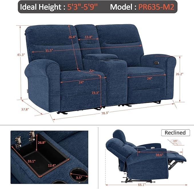 MCombo 78.3" Wall Hugger Power Loveseat Recliner Sofa with Console, Reclining Loveseat with USB Ports, Cup Holders, for Small Spaces Living Room RV, Fabric PR635M2 (Navy Blue)