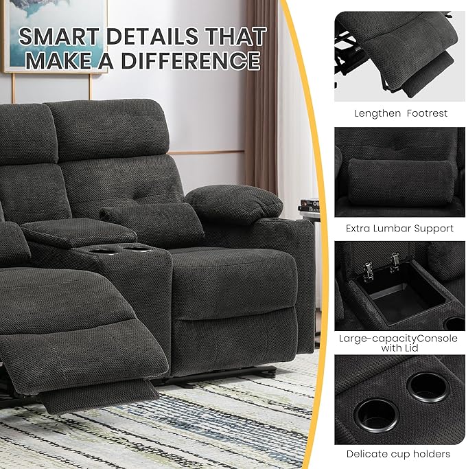 GUEAPY 68" Power Reclining Loveseat with Heat & Massage, Wall Hugger Double Reclining Sofa with Console, Cup Holders & Storage, Power Recliner Couch for Camper, Trailer, RV, Home Theater Living Room