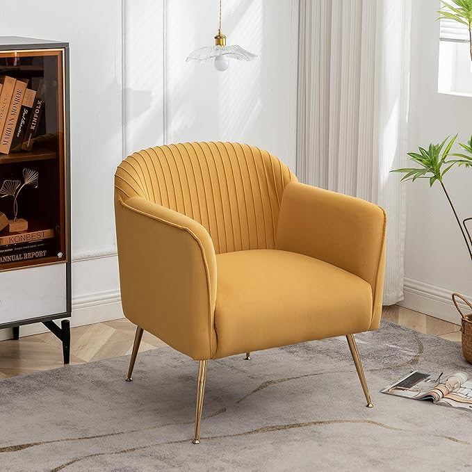 Contemporary Velvet Accent Chairs for Living Room, Bedroom and Entryway, Modern Armchair with Sleek Metal Legs, Elegant Seating Solution for Small Spaces, Mustard Yellow