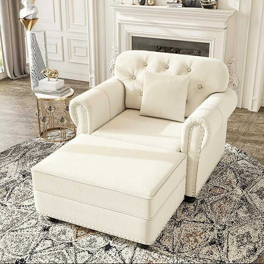 KEIKI 41" Velvet Chesterfield Sofa with Rolled Arms & Nailhead Trim & 1 Ottoman, Modern 1-Seater Button Tufted Couch with High Resilience Cushion & 1 Pillow, Easy Assembly, for Living Room, White