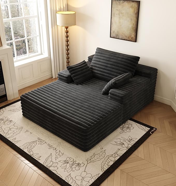 62.6" Oversized Chairs for Living Room Comfy Couches, Boneless Chaise Lounge Chair for Bedroom, Cozy Reading Chair Indoor Cloud Couch Small Sleeper Sofa Bed, No Assembly, Plush Corduroy, Black