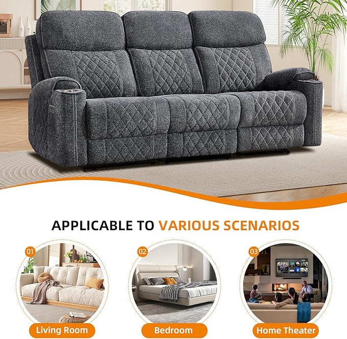 EBELLO Power Reclining Sofa Couch, Fabric Electric Recliner 3 Seater Sofa with Cup Holders, USB and Type-C Charging Ports and Storage Space, 3 Seats for Small Living Room, Bedroom, Meeting Room, Grey