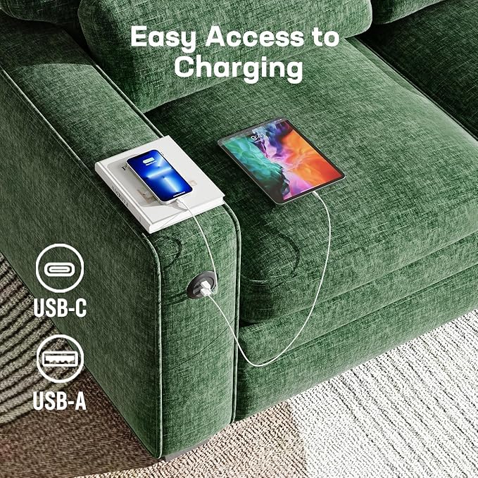 Marsail Pull Out Sofa Bed, Full Size Sleeper Sofa with Memory Foam Mattress, 2 USB Charging Ports & Removable Covers, Chenille Loveseat Couch for Living Room, Apartment, Green