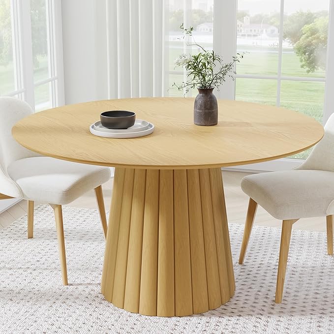 Casaphoria 52" Round Dining Table, Modern Wood Kitchen Table with Cone Shaped Strip Convex Base for Living Room & Dining Room, Easy Assembly Farmhouse Furniture for 4-6, Oak