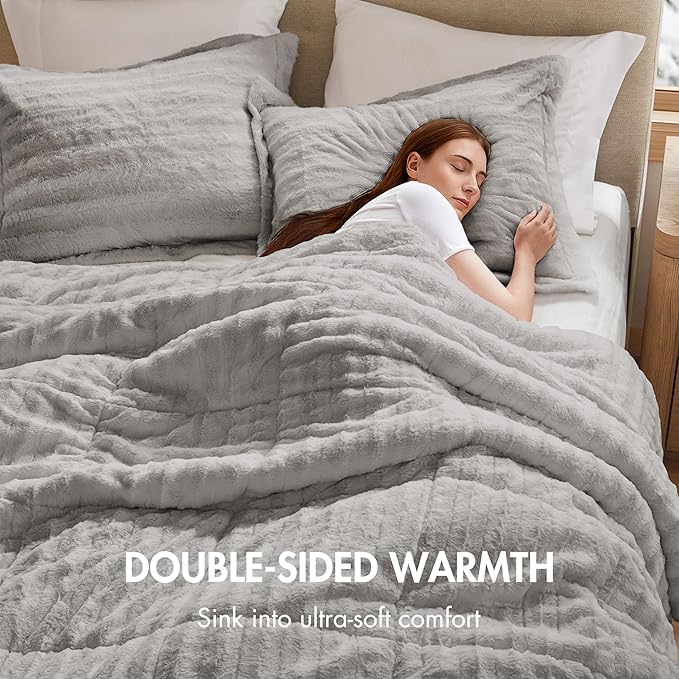 Madison Park Duke Luxe Faux Fur Reversible Comforter Set, Soft Plush Reverse, Modern Down Alternative Filling Cozy Bedding, Box Quilted Warm Cover, Matching Shams, King/California King, Grey 3 Piece