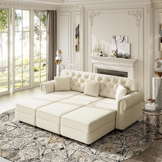 KEIKI 83" Velvet Chesterfield Sofa with Rolled Arms & Nailhead Trim & 3 Ottoman, Modern 3-Seater Button Tufted Couch with High Resilience Cushion & 3 Pillow, Easy Assembly, for Living Room, White