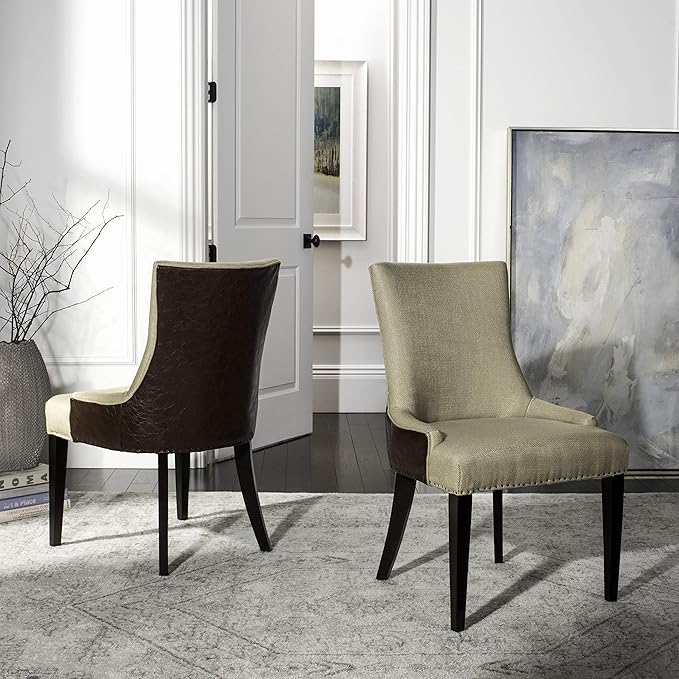 Safavieh Mercer Collection Eva Viscose and Leather Dining Chair with Trim Nail Head, Beige