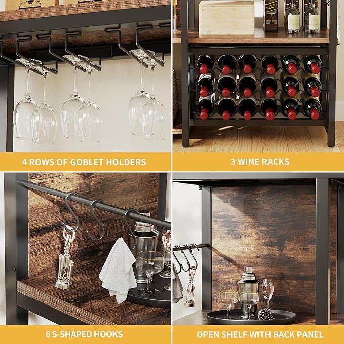 DWVO Large Bakers Rack with Power Outlets and Wine Rack, 35.5 inch 5-Tier Microwave Stand, Coffee Bar with Glasses Holder, Kitchen Storage Shelf with 6 Hooks, for Living Room, Office, Rustic Brown