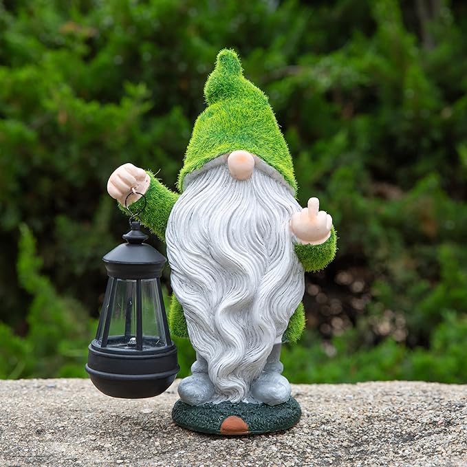 Flocked Garden Outdoor Gnome Statues Decor with Solar Lights, Large Funny Gnome Garden Figurines for Outside Patio Yard Lawn House Farmhouse Sculptures Decorations Gifts, White