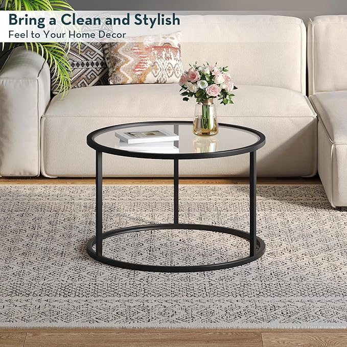 SAYGOER Small Glass Coffee Table Round Coffee Tables 27.6In Modern Tempered Glass-Top Accent Center Table for Living Room Home Office Small Space Easy Assembly