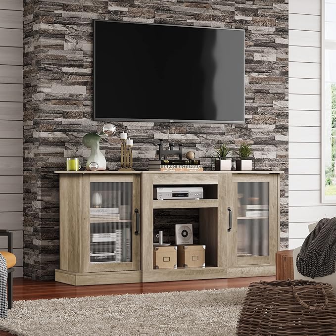 WLIVE Farmhouse TV Stand for 65 inch TV, 58" Entertainment Center with Storage Cabinets, Open Shelves TV Console for Living Room and Bedroom, Greige
