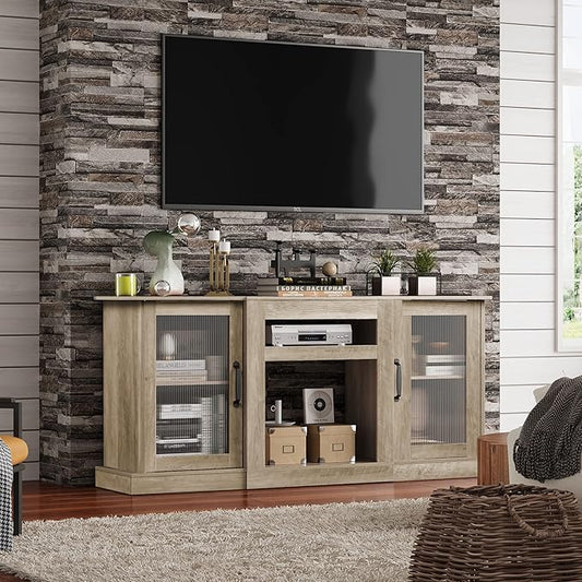 WLIVE Farmhouse TV Stand for 65 inch TV, 58" Entertainment Center with Storage Cabinets, Open Shelves TV Console for Living Room and Bedroom, Greige